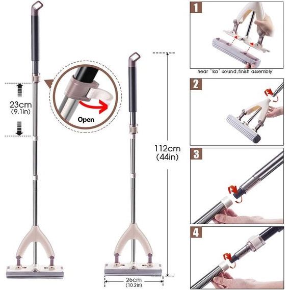 Vloerwisser mop spons met 3 PVA sponzen dweilkoppen, zelfwasbaar, absorberende spons mop met telescoopsteel voor parket, tegels en vloeren.