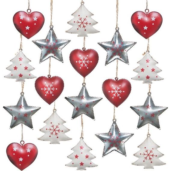 18 Christmas Tree Pendants Metal Red White Silver 5 cm Tin Pendant