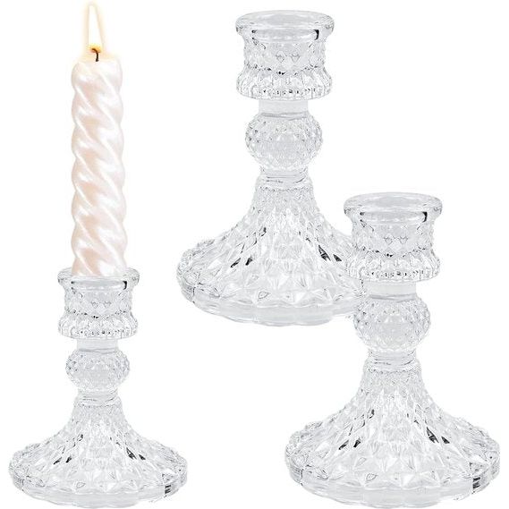 2 stuks vintage kandelaars, kristallen kaarsenstandaard, kandelaar, glas, kegelkaarsenhouder, helder glas kandelaar kristal, kandelaar voor bruiloft, thuis, feest, decoratie