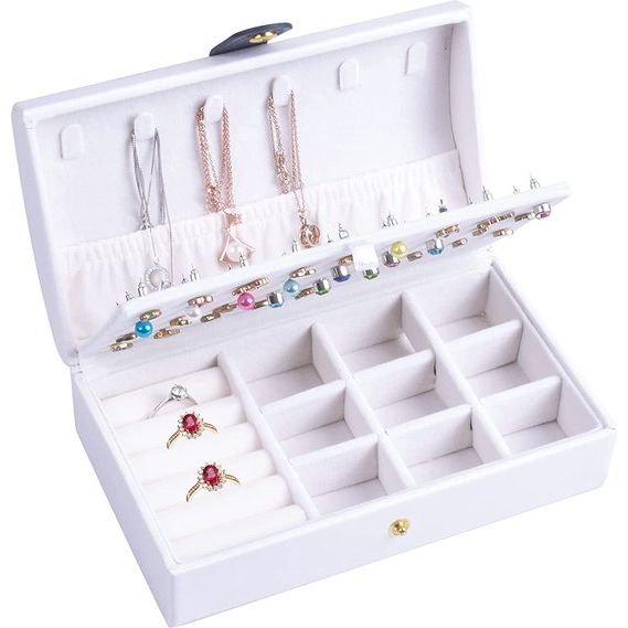 dames, 2 lagen, PU opbergkoffer voor ringen, oorbellen, armbanden, halskettingen, reizen, sieraden, organizer, geschenkdoos voor meisjes en vrouwen (wit)