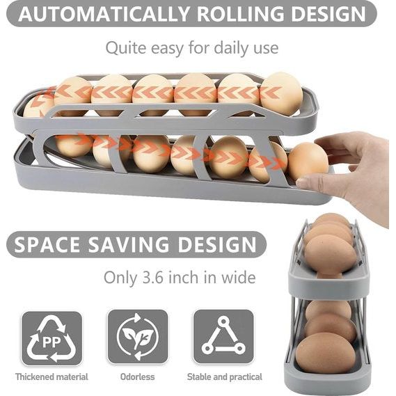 Eierhouder voor koelkast, 2-laags rollende eierenopslagkoelkast, antislipbasis koelkastorganizer eieren (grijs)