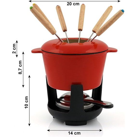 Gietijzeren fondueset voor 6 personen, 1 liter, fondueset 13-delig met branders en vorken, fondueset, kaasfondue-set, vleesfondueset, chocoladefondueset (rood/crème geëmailleerd)