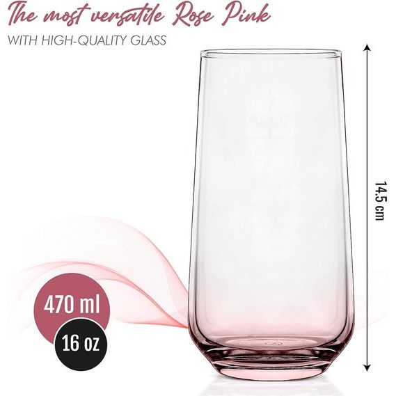 Set van 6 waterglazen voor cokctails en mocktail drinkglazen, highballglazen (roze, 470 ml)