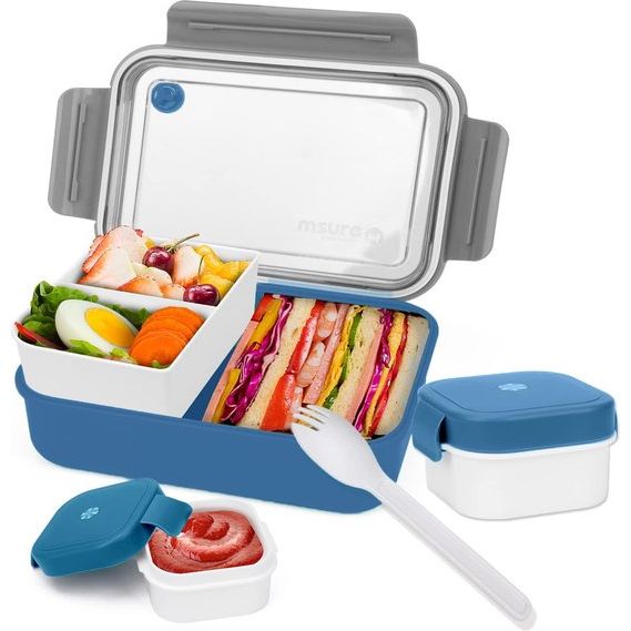 Broodtrommel met vakken, 1400 ml, lunchbox voor volwassenen/kinderen, snackbox met bestek en kleine blikjes, duurzame broodtrommel met onderverdeling, bento box voor school, werk, picknick