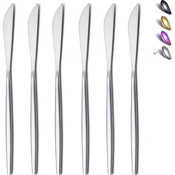 Tafelmes, 6-delig, roestvrij staal mat zilver tafelmes, robuust botermes, modern design botermes, vaatwasmachinebestendig (mat zilver, 8,9 inch)
