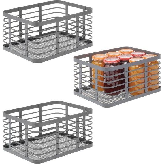 Universele mand voor het hele huis - Metalen opbergmand voor keuken, bijkeuken, badkamer enz. - Compacte en universele draadmand - Set van 3 - Grijs