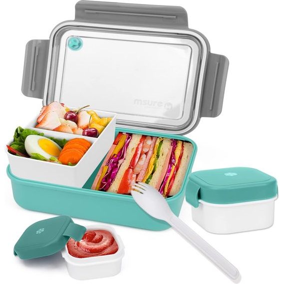 Lunchbox voor volwassenen/kinderen, met vakken en yoghurtbeker om mee te nemen, lekvrij, broodtrommel met onderverdeling, Bento Box, duurzaam, broodtrommel met bestek voor school, werk