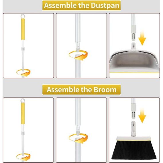 Bezem en veegschepset met uittrekbare lange handgreep, rechten en lichte schoonmaakcombinatie voor de kantoorlobby in de kamer, geel en grijs
