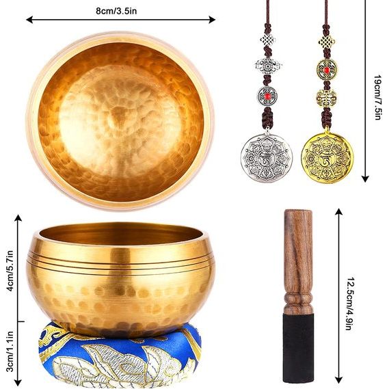 UNIDEAL Tibetaanse klankschaalset, Singing Bowl uit Tibet met klepel en klankschaalkussen, wordt geleverd met 2 belofte koperen ornamenten, handgemaakt in Nepal, voor yoga meditatie, ontspanning