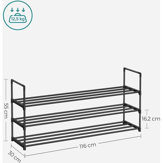 Schoenenrek met 3 planken, Schoenenstandaard van metaal, Staand rek, eenvoudige montage, ruimtebesparend, voor 12 tot 15 paar schoenen, stapelbaar, voor hal, woonkamer, zwart LSA303B02