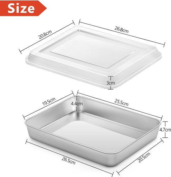 Bakplaat met deksel, roestvrij staal, kleine ovenschaal, rechthoekige diepe taartplaat voor bakken, braden, serveren, gezond, gemakkelijk te reinigen en vaatwasmachinebestendig, 26,5 x 20,5 x