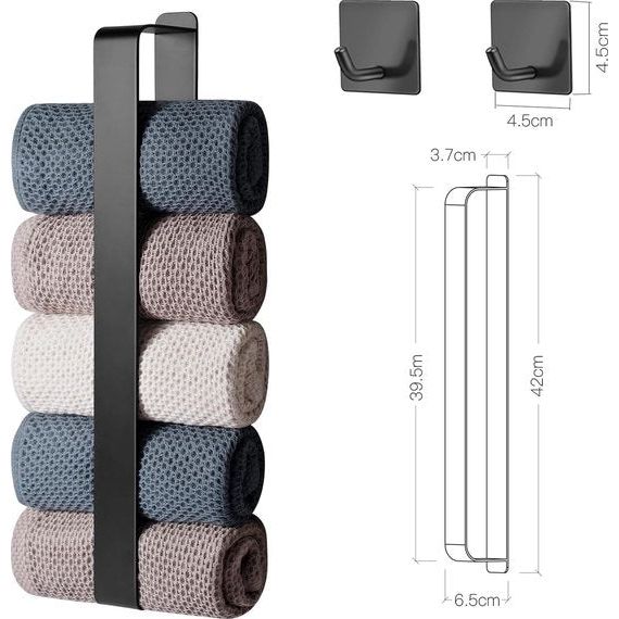 Handdoekhouder zonder boren, handdoekhouder voor gasten, zelfklevend, zonder boren, met 2 handdoekhaken, 42 cm (zwart)