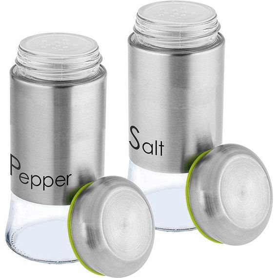 Zout- en peperstrooier set, 2-delig, 150 ml, strooier van glas en roestvrij staal, mini-zoutvaatje, kruidenstrooier met deksel, kruidenglas, klein, transparant/zilver