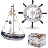 Maritieme badkamerdecoratie set van 3 - stuurwiel, zeilschip en schatkist van hout - liefdevol vormgegeven badkameraccessoires met details (design 2-2)