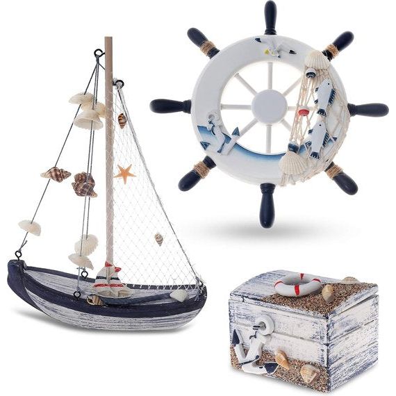 Maritieme badkamerdecoratie set van 3 - stuurwiel, zeilschip en schatkist van hout - liefdevol vormgegeven badkameraccessoires met details (design 2-2)