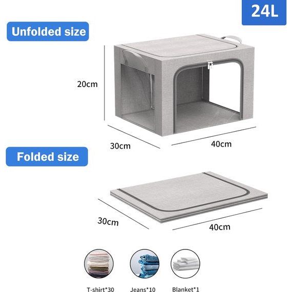 2 stuks opbergdozen voor kleding, opvouwbare kledingopbergbox met metalen frame en 3 ramen, opbergtas voor dekbedden, dekens en kleding, grijs (24 liter)