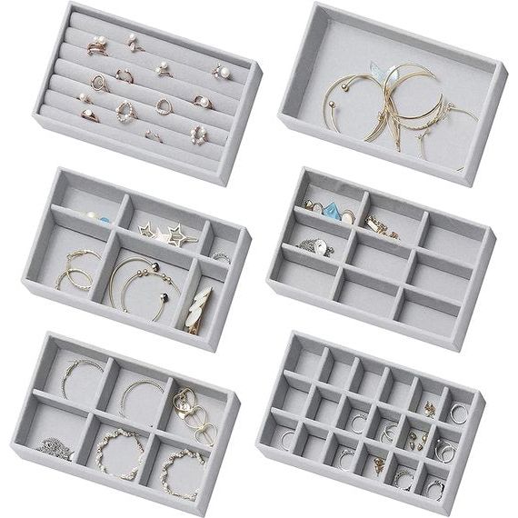 6 stuks fluwelen gevlokte sieraden opberg bowls, sieraden trays organizer, sieraden opslag lade insert voor armbanden, halskettingen, oorbellen, ringen, grijs