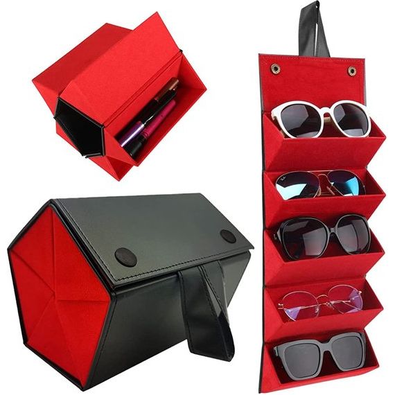 organizer met 5 sleuven, opvouwbare opbergdoos, meerdere houders, reizen, brillenkoker voor dames en heren, hdgnyjh-28, 16,5 x 12,5 x 13 cm, zwart, zwart