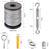 58-delige draadloze kabelset, 30 m RVS staalkabel met oogjes, RVS 304 staal, PVC coating, draadloze kabels met kabelspanner, chipgleuf, oogschroef voor waslijn, plantenhagen