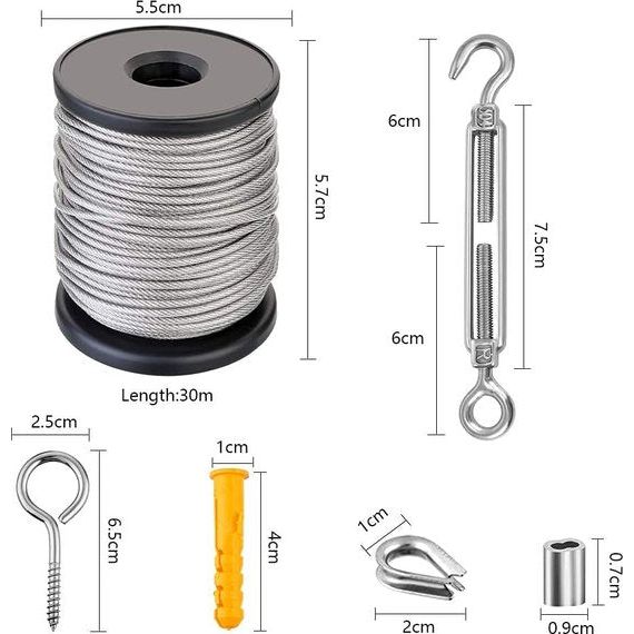 58-delige draadloze kabelset, 30 m RVS staalkabel met oogjes, RVS 304 staal, PVC coating, draadloze kabels met kabelspanner, chipgleuf, oogschroef voor waslijn, plantenhagen