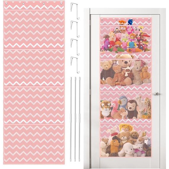 Opslag voor knuffeldieren, boven de deur-organizer voor knuffeldieren, babyaccessoires en vochtige doekjes, ademende hangorganizer met 4 grote vakken voor kinderkamer, slaapkamer, roze