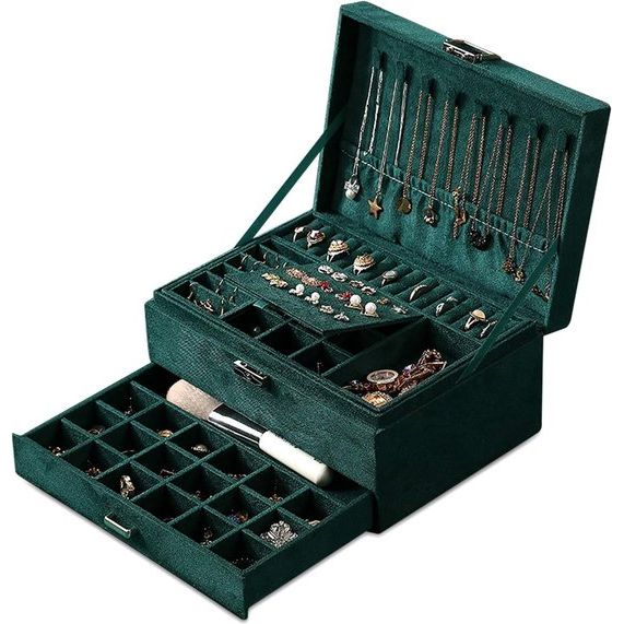 Sieradendoos voor dames, 3-laags sieradenopbergdoos met 8 kettinghangers en verwijderbare scheidingswand, afsluitbare sieradendoos voor oorbellen, armbanden, ringen, horloges