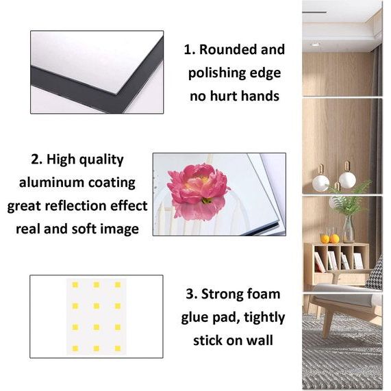 Zelfklevende acrylspiegel, HD-kleefspiegel, grote frameloze kunststof spiegel, 3 mm dikke acrylspiegeltegels, onbreekbare spiegel, rechthoekige wandlijmspiegel voor thuis, 40 x 30 cm