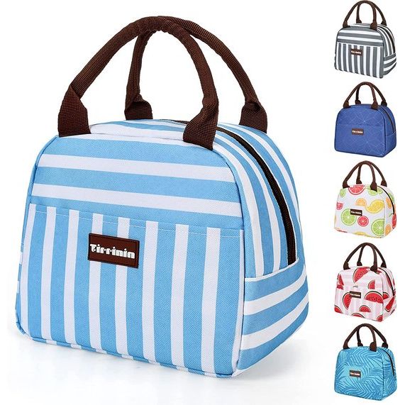Lunchtassen voor voor en achter, schuine lunchtassen voor meisjes, lunchbox voor vol en kinderen, grote koeling, lunchtassen voor werk, school, picknick, blauw gestreept