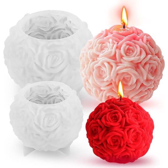 Set van 2 Rose Ball-kaarsenvormen, siliconen mallen, kaarsenmaakset, 3D Rose Flowers-kaarsenvormen voor water geven, siliconen kaarsvormen voor doe-het-zelf geurkaarsornamenten Cadeau