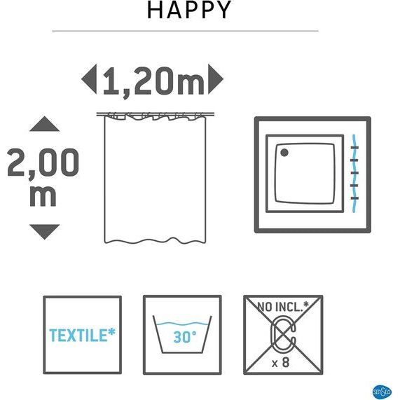 SENSEA - Textiel douchegordijn - Wasbaar badgordijn - Waterdicht Schimmelbestendig - Happy - Wit - B.120 x H.200 cm