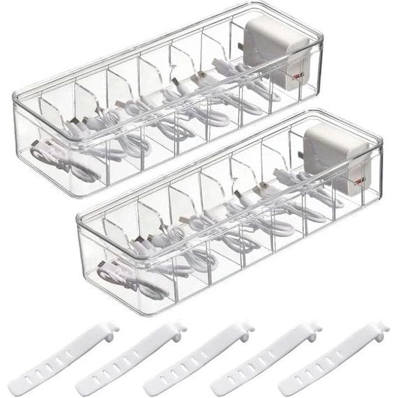 Kabelopbergdoos, 2 stuks kabelorganizerbox met deksel, 8 vakken met 30 kabelbinders, transparante kabelmanagementbox voor bureau, opslag, kantoor, thuisgebruik