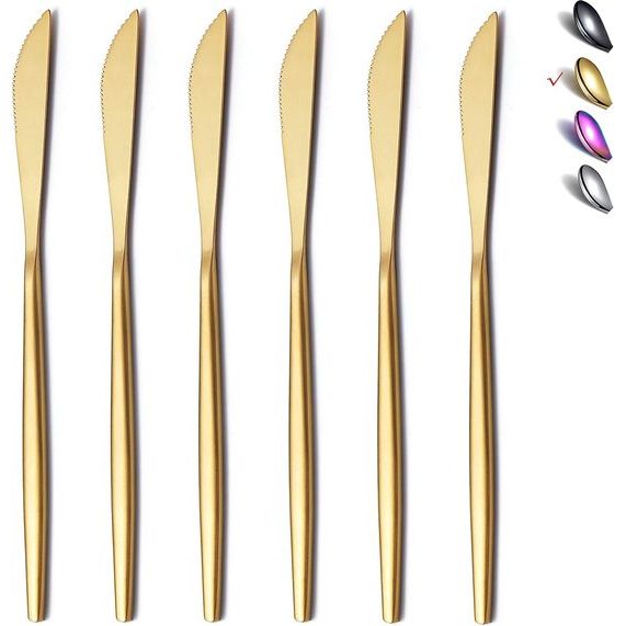 Dinermes, 6-delig, roestvrij staal mat goud dinermes, robuust botermes, modern design botermes, vaatwasmachinebestendig (mat goud, 8,9 inch)