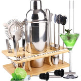 Cocktailset, cocktailshakerset, gemaakt van roestvrij staal, 14-delige barkeeperset, met houten houder, 750 ml, cocktail cadeauset voor thuis of in de bar.