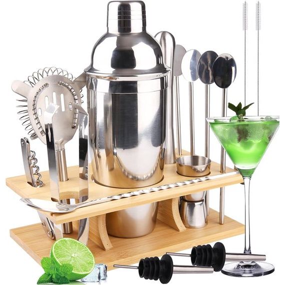 Cocktailset, cocktailshakerset, gemaakt van roestvrij staal, 14-delige barkeeperset, met houten houder, 750 ml, cocktail cadeauset voor thuis of in de bar.