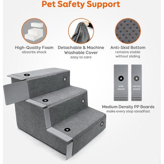 Hondentrappen en kattentrappen, 3-traps ontwerp met schokabsorberend schuim en zeer sterke houten planken, perfect voor bed en bank, antislip, afneembare en wasbare hoes, grijs