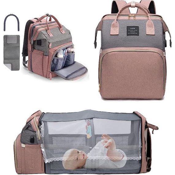 Luiertas, rugzak, babytassen met draagbaar aankleedkussen, fopspeenhouder en kinderwagenriemen, opvouwbare Mommy Bag Diaper Bag, roze, m