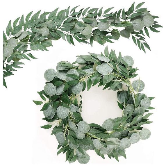 2 stuks kunstmatige eucalyptus decoratieve slinger met wilgenbladeren, 16 m, tafeldecoratie, eucalyptus, hangende wijnstokken, bladeren, groene slinger voor tafel, bruiloft, boog, party,