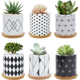 Vetplantpot van 7,5 cm, geometrisch patroon, keramische cactusplantpot, kleine plantenpot voor binnen en buiten met bamboeschotel, set van 6