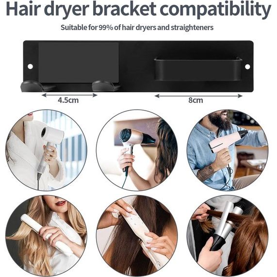 Föhnhouder Muur zonder boren, 2 in 1 Föhn- en Stijltanghouder voor Badkamer, RVS Föhnhouder voor Hotelbadkamer Slaapkamer, Wandhouder voor Föhn (Zwart)