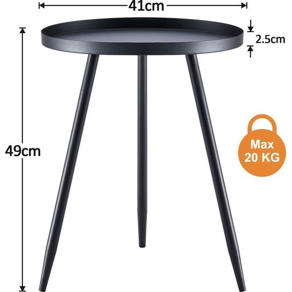 Bijzettafel van metaal, rond, diameter 41 cm, hoogte 49 cm, woonkamertafel met beschermende rand, Scandinavische stijl, dessert, banktafel voor woonkamer, slaapkamer, zwart/zwart
