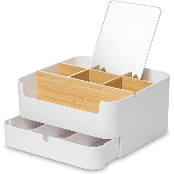 Cosmetische organizer met spiegel voor kaptafel, badkamer en slaapkamer, make-up organizer, hoge kwaliteit, kaptafel organizer, bamboe met lade en perfecte indeling