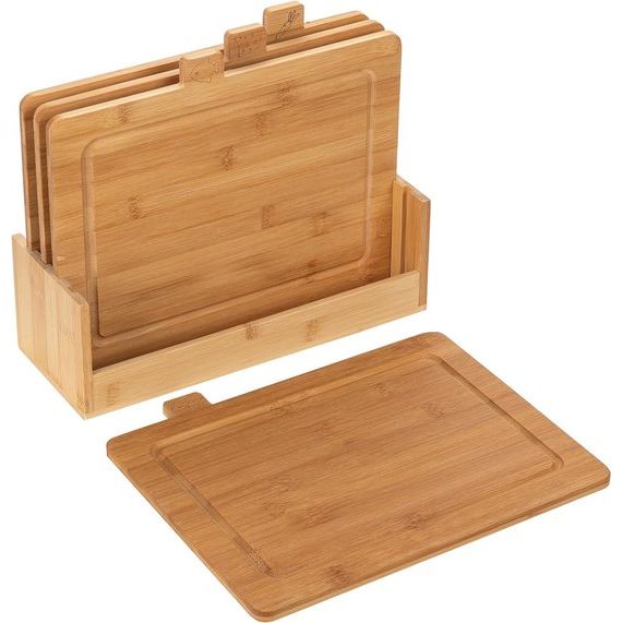 Set of 4 Bamboo Chopping Boards with Stand CHEF I Natural Bamboo Cutting Blocks with Juice Grooves I Antibacterial I Universal Chopping Boards Suitable for Cheese, Meat, Fruit, Vegetables