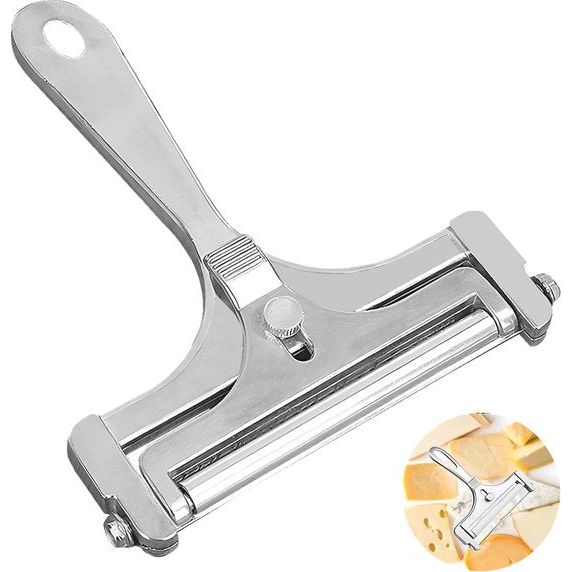 Kaasschaaf, kaasmes, kaassnijder met rol en snijdraad, variabele snijdikte, kaasschaaf, roestvrij staal voor blokkaas en boter, rolsnijden, zilver