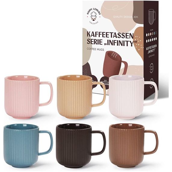 Set van 6 kopjes van aardewerk, grote koffiemokken, 420 ml, koffiekopjes in pastel inkt, geel, groen en blauw, handgemaakte mokken, koffiekopjes in Scandinavisch design (mix)