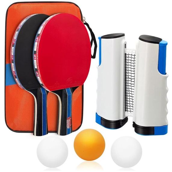 Set tafeltennisbatjes, tafeltennis-batjes met 2 tafeltennisbatjes, 3 ballen, uittrekbaar tafeltennisnet en tas