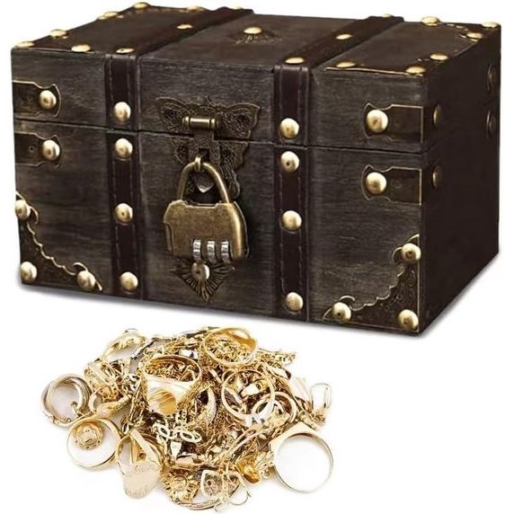 Vintage houten schatkist, houten opbergdoos, houten schatkist met cijferslot, schatkist van hout met deksel, voor bewaren en decoreren, grijs (18 x 11 x 10 cm)