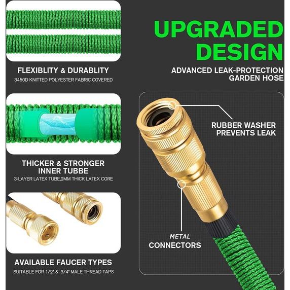 Flexibele tuinslang, rekbare waterslang met 3-laagse latexkern, 45 m, 10 functies tuinslang, metalen verbinding, slang ideaal voor tuinieren en huishouden