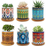 Vetplantpot van 7,5 cm, keramische cactusplantpot met mandala-patroon, kleine plantenpot voor binnen en buiten met bamboeschotel, set van 6