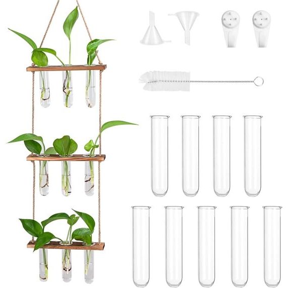 Reageerbuisvazen ​​met houten standaard, 3-laags hangend vermeerderingsstation voor bloemenplanten Hangplantenterrarium als thuis- of kantoordecoratie-accessoires - 10 reageerbuizen