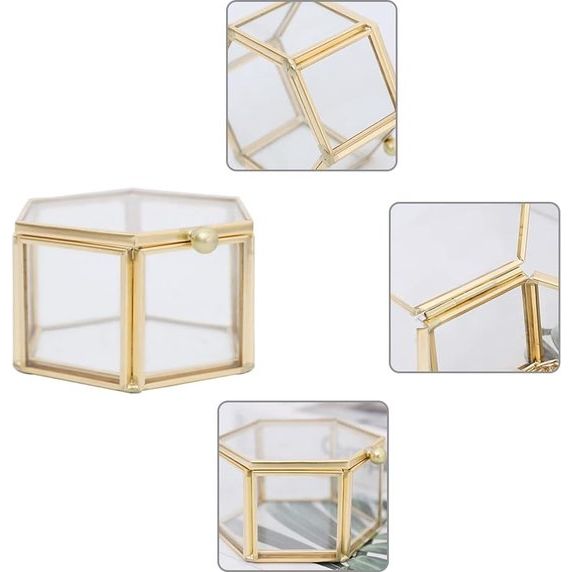 Sieradendoosje van glas, juwelendoos van metaal en glas, geometrisch glazen terrariumbox, voor het bewaren en presenteren van ringen, oorbellen en bloemen